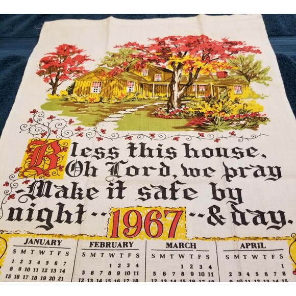 Vintage linen tea towel bless this house 1967 calendar new old stock - Picture 3 of 6